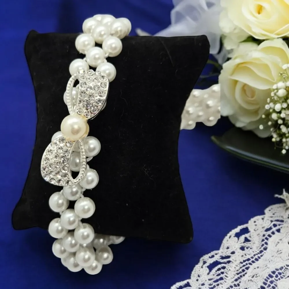 Pearl Stretch Belt Rhinestone Bow Elastic Waist Belt Ivory Bridal Wedding Dress